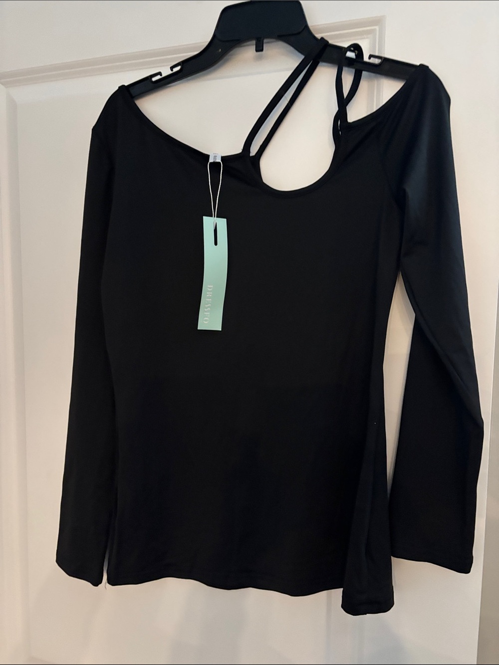 Black Long-Sleeve Asymmetric Strap Top by Dresslily